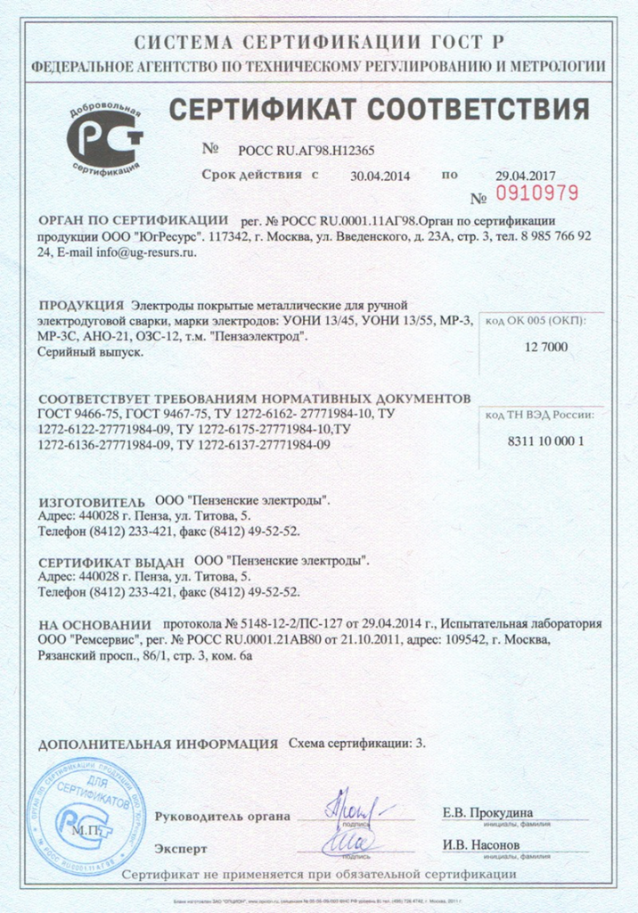 Сертификат на электрод